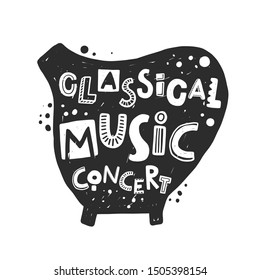 Classical music concert vector banner template. Harp silhouette with stylized lettering. Cultural entertainment. Musical instrument with ink drops. Poster design element.