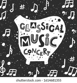 Classical music concert vector illustration. Harp silhouette with stylized lettering. Cultural entertainment. Musical instrument with ink drops. Poster, card design.