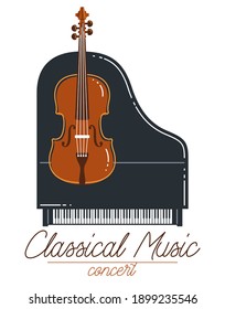 Classical music emblem or logo vector flat style illustration isolated, grand piano andcello logotype for recording label or festival or musical orchestra.
