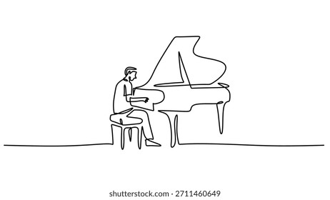Conceito de entretenimento de música clássica. Arte de linha única contínua de um pianista tocando piano grande. Esboço de melodia de concerto minimalista. Ilustração de vetor.