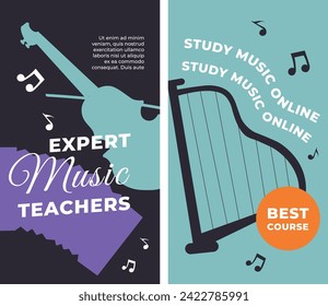 Classical music for entertainment and practice. Violin, harp and accordion. Composition playing for concert or orchestra. Best course and expert teachers for studying online. Vector in flat style