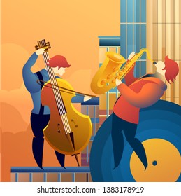 Classical music festal concert, musicians playing on the rooftops, street jazz blues, vector vertical illustration