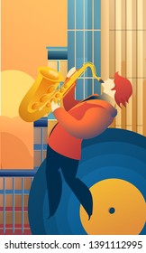 Classical music festal concert, musicians playing on the rooftops, street jazz blues, vector vertical illustration