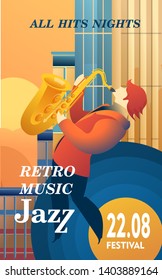 Classical music festal concert, musicians playing on the rooftops, street jazz blues, vector vertical illustration