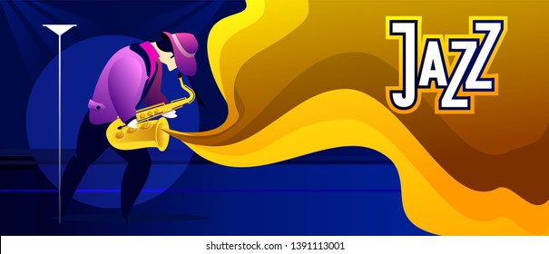 Classical music festival concert, musician playing jazz blues, vector illustration. Poster
