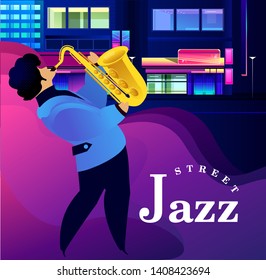 Classical music festival concert, musician playing jazz blues, vector illustration. Poster
