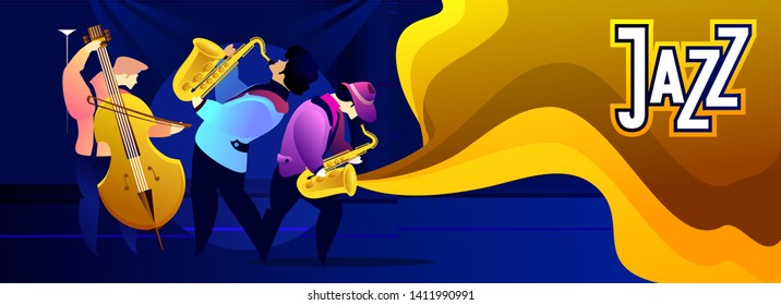 Classical music festival concert, musician playing jazz blues, vector illustration. Poster