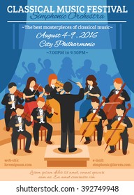 Classical music festival flat poster with musicians of symphonic orchestra and conductor vector illustration