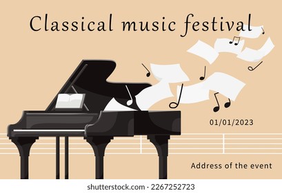 Classical music festival poster with musical instrument. Original design of promotion and invitation. Black grand piano playing with notes stave. Template for orchestra live music. Vector illustration