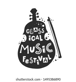 Classical music festival vector banner template. Violin silhouette with stylized lettering. Cultural entertainment. Musical instrument with ink drops. Poster design element.