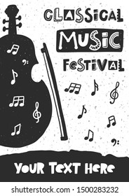 Classical music festival vector banner template. Violin silhouette with stylized lettering. Cultural entertainment. Musical instrument with notes, live show poster with text space