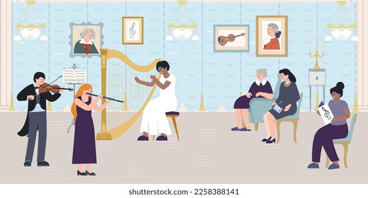 Classical music flat composition with indoor scenery of music hall with group of playing musicians listeners vector illustration