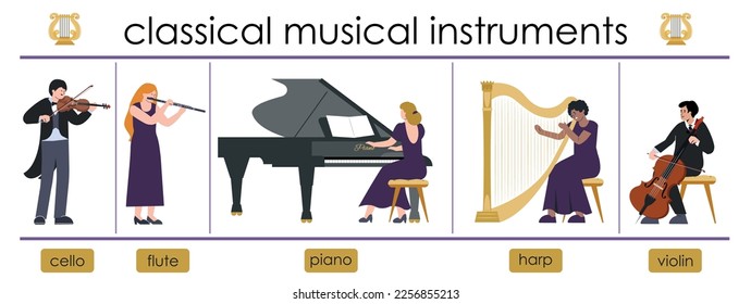 Classical music flat infographic composition with editable text and isolated views of musicians playing different instruments vector illustration