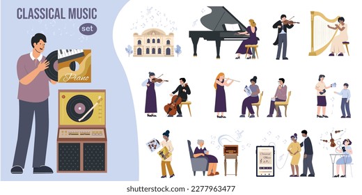 Classical music flat set of isolated compositions with characters of listeners musicians instruments and vinyl disks vector illustration