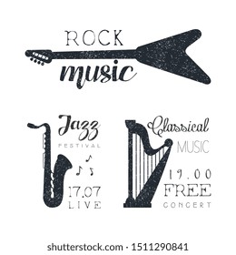 Classical Music Free Concert, Jazz Festival, Rock Music Hand Drawn Grunge Vector Illustration