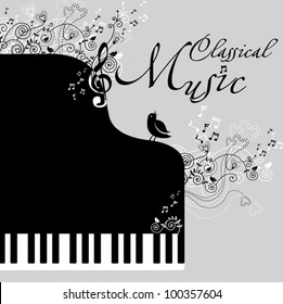 Classical music. Illustration of a piano, flowers and birds.