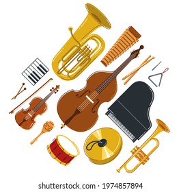 Classical music instruments composition vector flat style illustration isolated on white, classic orchestra acoustic sound, concert or festival live sound.