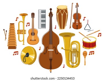 Classical music instruments composition vector flat style illustration isolated on white, classic orchestra acoustic sound, concert or festival live sound.