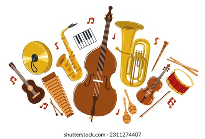 Classical music instruments composition vector flat style illustration isolated on white, classic orchestra acoustic sound, concert or festival, diversity of musical tools.