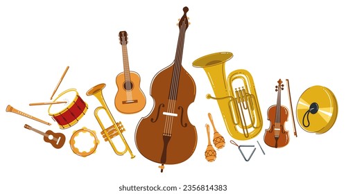 Classical music instruments composition vector flat style illustration isolated on white, classic orchestra acoustic sound, concert or festival live sound.