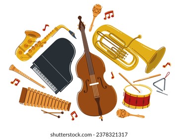 Classical music instruments composition vector flat style illustration isolated on white, classic orchestra acoustic sound, concert or festival, diversity of musical tools.