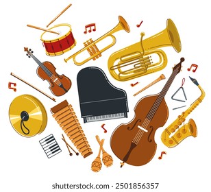 Classical music instruments composition vector flat style illustration isolated on white, classic orchestra acoustic sound, concert or festival, diversity of musical tools.