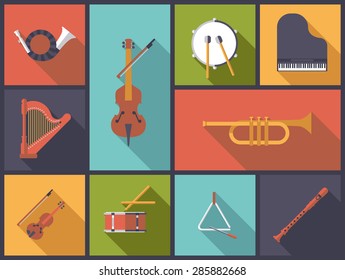 Classical Music Instruments Flat Icons Vector Illustration. Flat design illustration with various icons of instruments for classical music.