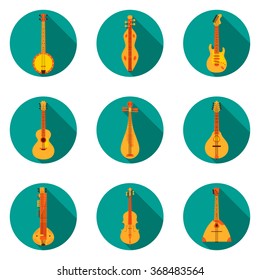 Classical Music Instruments Flat Icons Vector Illustration. Flat design illustration with various icons of instruments: banjo, dulcimer, electric guitar, acoustic guitar, lute, mandolin, sitar etc.