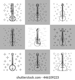 Classical Music Instruments Flat Icons Vector Illustration. Flat design illustration with various line icons of instruments: banjo, dulcimer, electric guitar, acoustic guitar, mandolin, sitar etc.