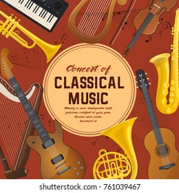 Classical music instruments like trumpet and saxophone or sax, acoustic guitar and violin with bow or fiddlestick, lyra and harp, electric keyboard. Ensemble and entertainment, audio shop or store