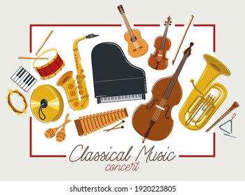 Classical music instruments poster vector flat style illustration, classic orchestra acoustic flyer or banner, concert or festival live sound, diversity of musical tools.