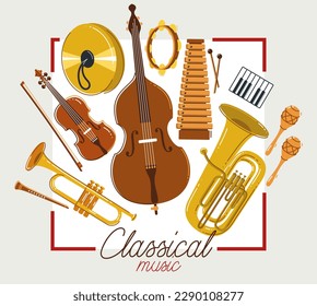 Classical music instruments poster vector flat style illustration, classic orchestra acoustic flyer or banner, concert or festival live sound, diversity of musical tools.