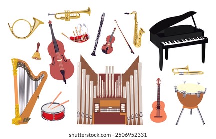 Classical music instruments poster vector flat style illustration, classic orchestra acoustic flyer or banner, concert or festival live sound, diversity of musical tools.