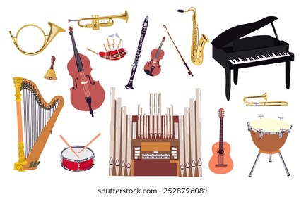 Classical music instruments poster vector flat style illustration, classic orchestra acoustic flyer or banner, concert or festival live sound, diversity of musical tools.