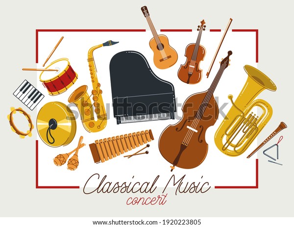 Classical music instruments\
poster vector flat style illustration, classic orchestra acoustic\
flyer or banner, concert or festival live sound, diversity of\
musical tools.