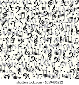 Classical music lettering and notes on white. Seamless background. Vector image.