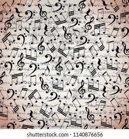 Classical music lettering and notes on white. Seamless background. Vector image.