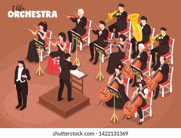 Classical music orchestra isometric composition with singer conductor directing performance violin cello tuba bass players vector illustration 