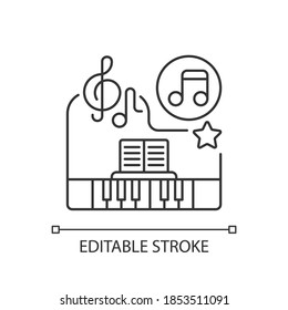 Classical music pixel perfect linear icon. Piano keys. Note copybook. Song notes. Calm music type. Thin line customizable illustration. Contour symbol. Vector isolated outline drawing. Editable stroke