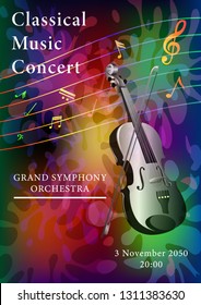 Classical music poster. Violin with a bow and musical notes on a multicolored abstract background. Realistic 3d vertical vector illustration