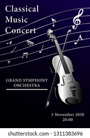 Classical music poster. Violin with a bow and musical notes on a dark duo gradient background. Realistic 3d vertical vector illustration