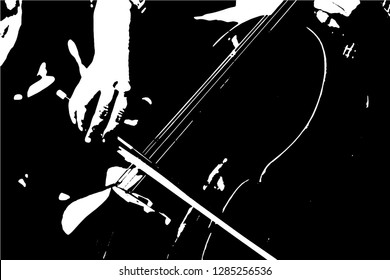 Classical Music Professional Cello Player Solo Performance, Hands Close Up, Unrecognizable Person. Musician Hand Playing The Cello, Black And White Vector Illustration.