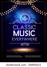 Classical Music, Theater, Museum & Show Poster Template With Elegant Lights. Vector Background