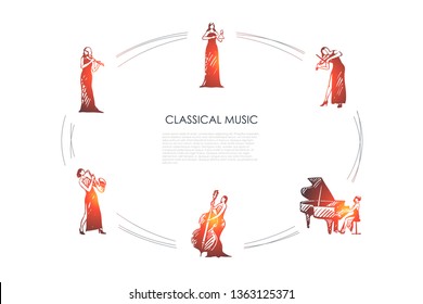 Classical music - women musicians playing flute, saxophone, cello, piano, violin, bell vector concept set. Hand drawn sketch isolated illustration