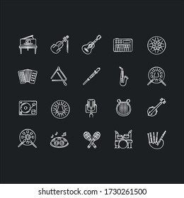 Classical musical instrument chalk white icons set on black background. Live band concert. Orchestral music performance. Play jazz and blues song. Isolated vector chalkboard illustrations