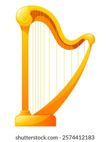 Classical musical instrument, golden harp on white background. Antique musical stringed equipment.