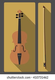 Classical musical instrument. Vintage violin and bow. objects in flat style.