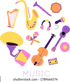 Classical musical instruments circle composition: tambourine, harp, trumpet, flute, maracas, saxophone, gramophone, ets. Modern trendy flat illustration