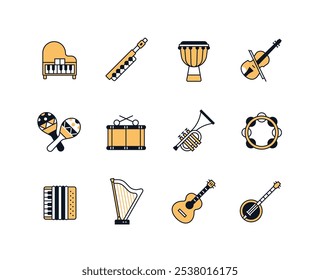 Instrumentos musicales Clásicas - iconos de estilo de diseño de línea con trazo editable. Piano, pandereta y tambor con palos, violín, maracas, pandereta, trompeta, acordeón, guitarra y arpa