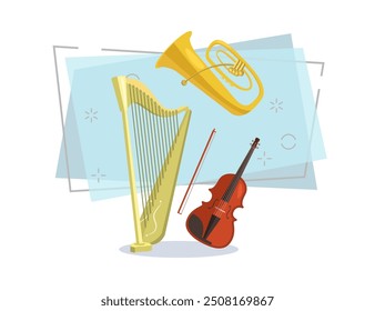 Conjunto de Ilustración vectorial de instrumentos musicales Clásicas. Arpa, violonchelo y tuba. Concepto musical. Puede ser utilizado para temas como orquesta y concierto